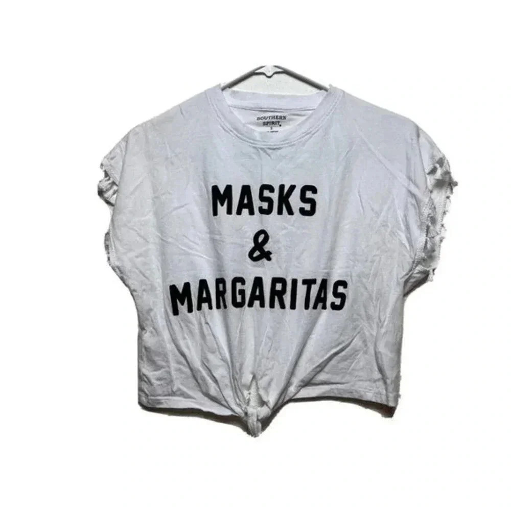 Southern Spirit‎ Womens Margaritas and Masks Tie Front Crop Tshirt Sz S Tassel
